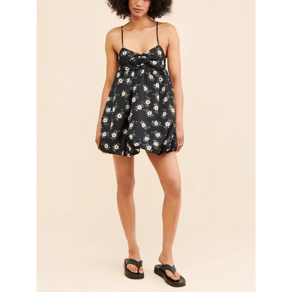 Free People In A Bubble Mini Dress Size XS Black Floral Bubble Hem Empire Waist